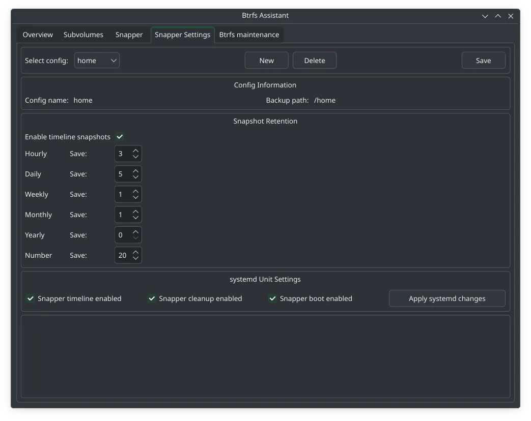Btrfs Assistant home snapshot retention settings